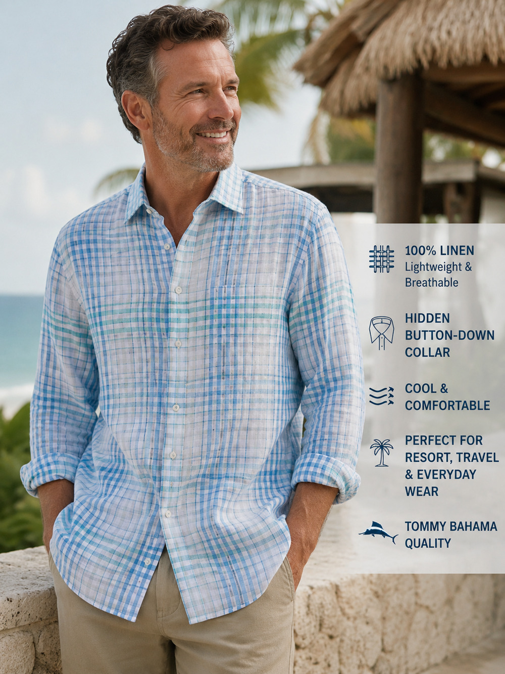 Tommy Bahama Men’s Malahina Plaid 100% Linen Long Sleeve Shirt Blue Sz XL